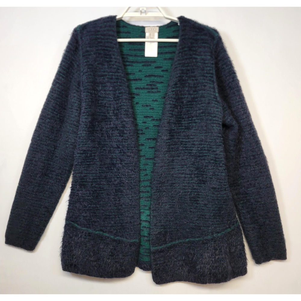 Logo Lori‎ Goldstein Knit Cardigan Sweater Womens M Blue Green Black Reversible